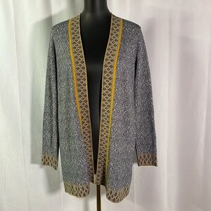 Susan Graver Navy & Mustard Yellow Printed Open Front Long Sleeve Cardigan